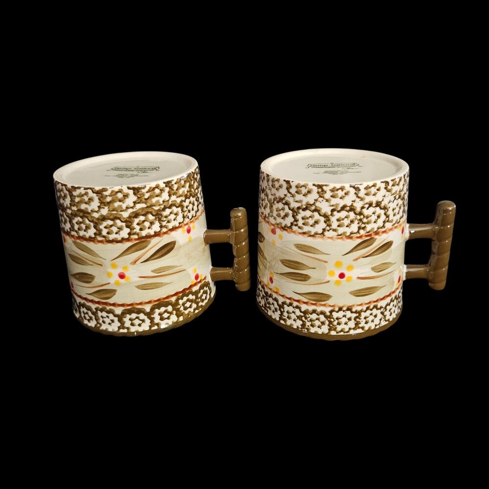 Temp-tations Presentable Ovenware Floral Mugs Set of 2 Brown Handles Stoneware